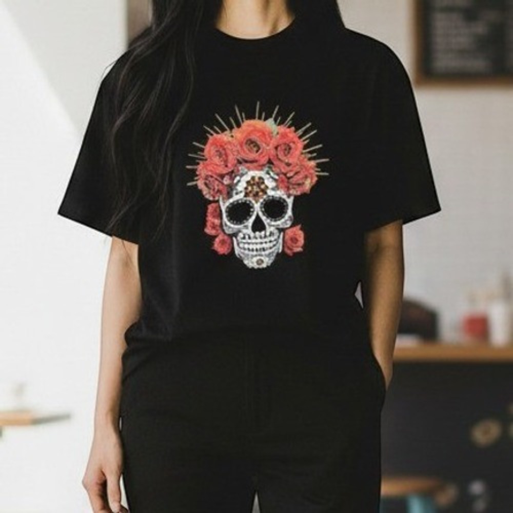 Wound Up Sugar Skull Rose Graphic Tee Boho Edgy Black XXL Cap Sleeves